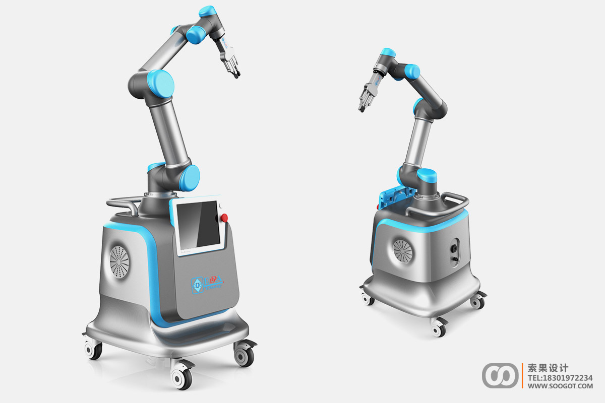 医疗推车机器人外观设计，医疗机器人工业设计，医疗推车机械手产品设计，自动化手术医疗设备设计，索果设计，soogot